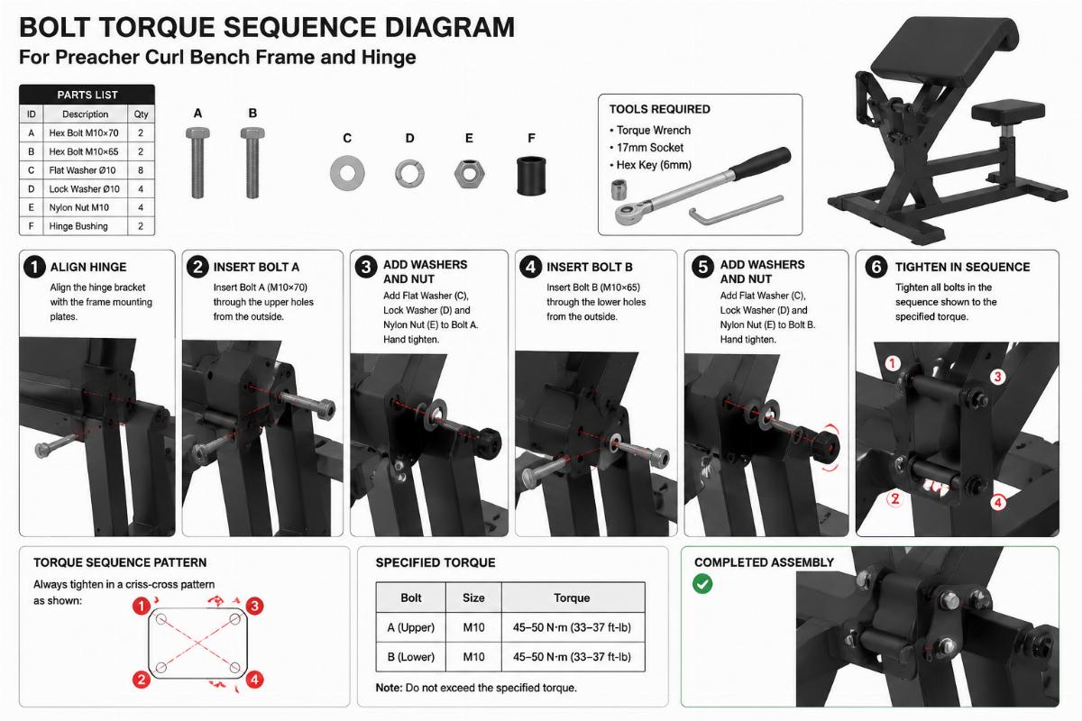 Bolt torque sequence diagram for preacher curl bench frame and hinge