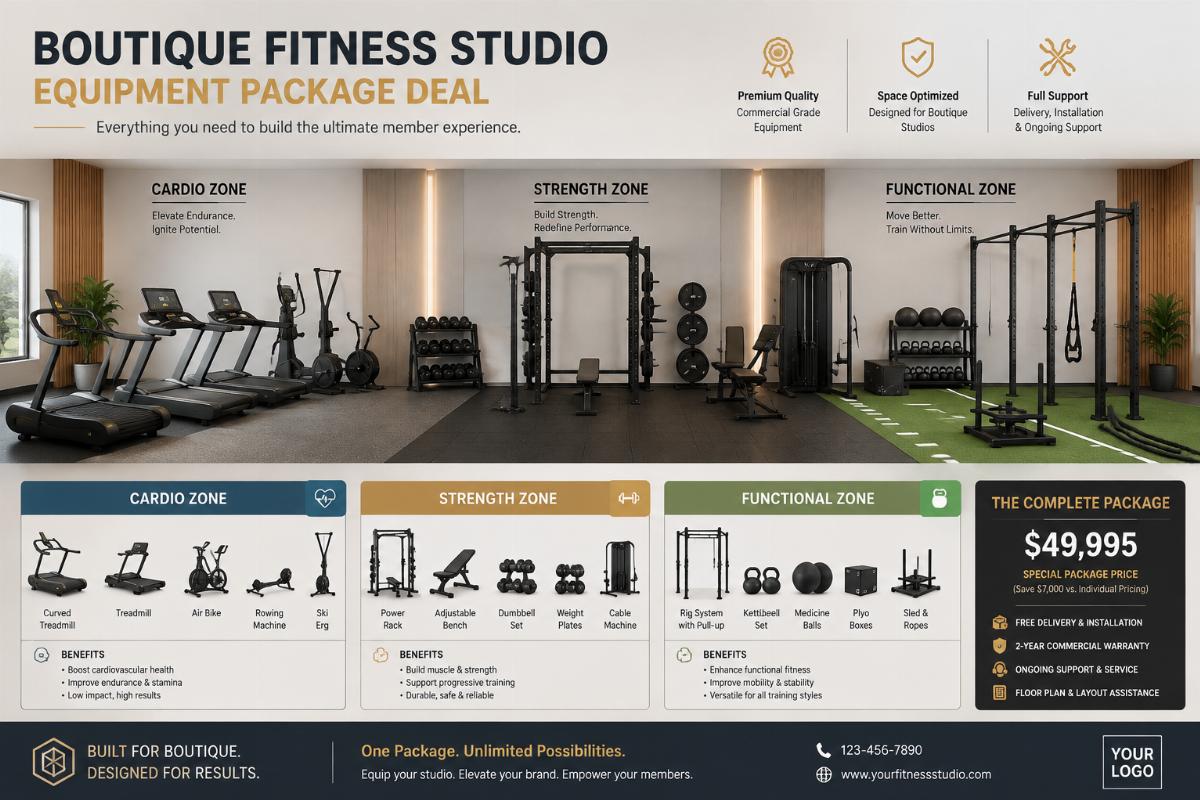 Boutique fitness studio equipment package deal layout showing cardio, strength, and functional zones