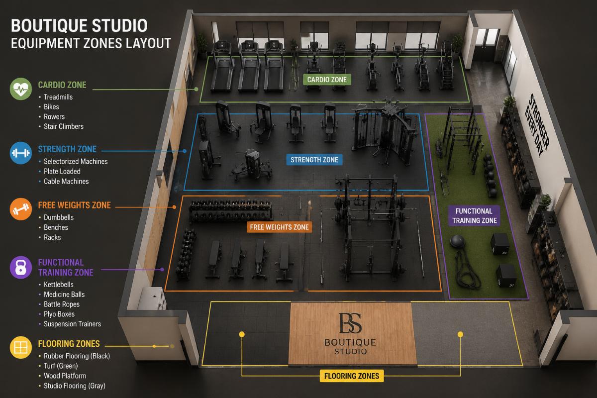Boutique studio equipment zones layout with cardio, strength, free weights, functional training, and flooring areas