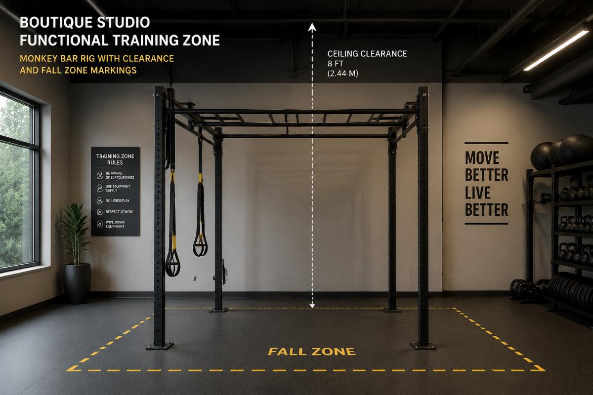 Boutique studio functional training zone with monkey bar rig showing ceiling clearance and fall zone markings