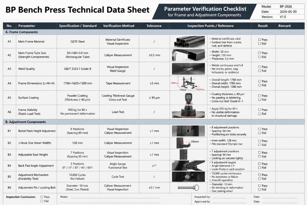 BP Bench Press Technical Data Sheet parameter verification checklist for frame and adjustment components