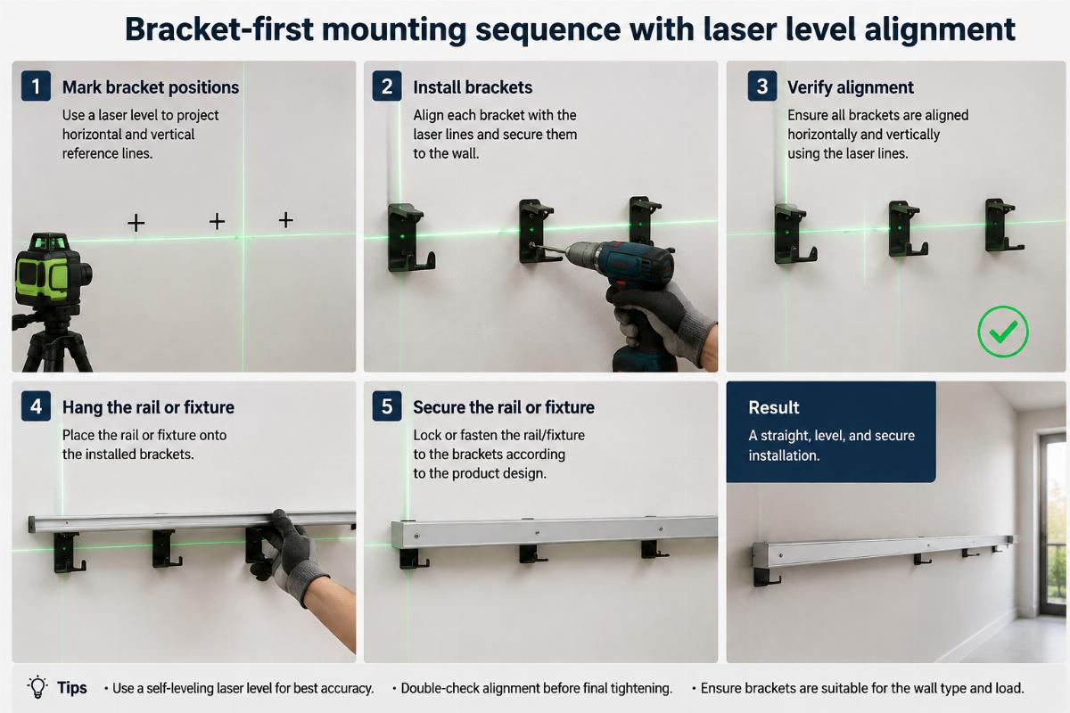 Bracket-first mounting sequence with laser level alignment