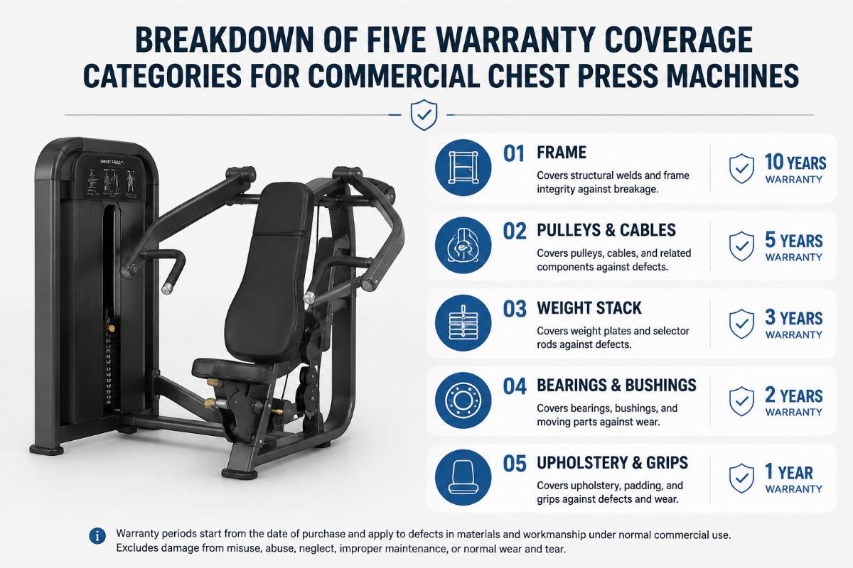 Breakdown of five warranty coverage categories for commercial chest press machines
