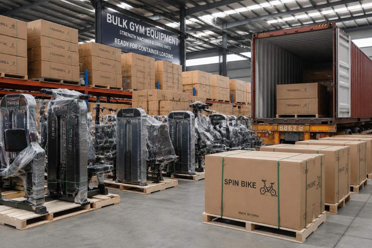 Bulk gym equipment warehouse showing palletized strength machines and boxed cardio units ready for container loading