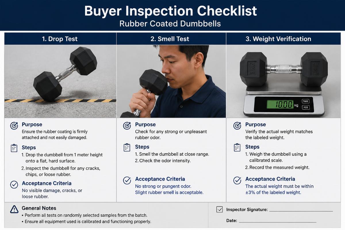 Buyer inspection checklist showing drop test, smell test, and weight verification steps for rubber coated dumbbells