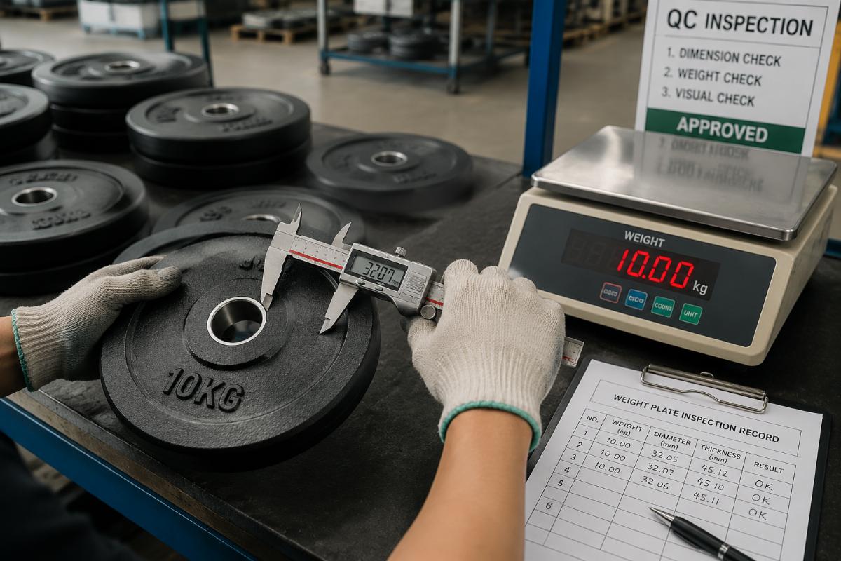 Caliper measurement and weigh-in inspection of weight plates at a factory QC station