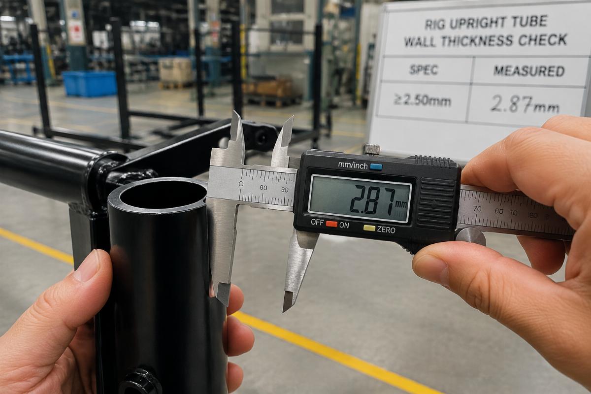 Caliper measurement of functional rig upright tube wall thickness on factory floor