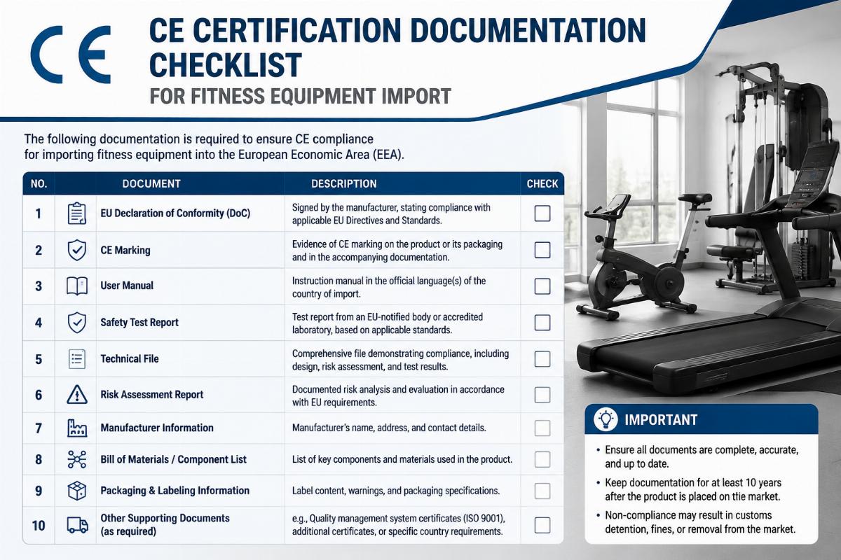 CE certification documentation checklist for fitness equipment import