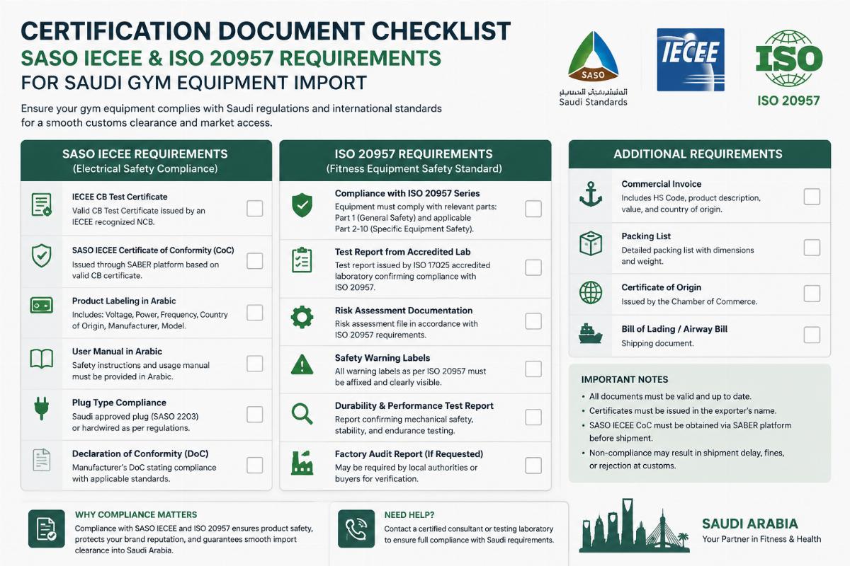 Certification document checklist showing SASO IECEE and ISO 20957 requirements for Saudi gym equipment import