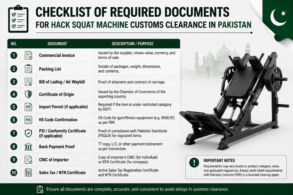 Checklist of required documents for hack squat machine customs clearance in Pakistan