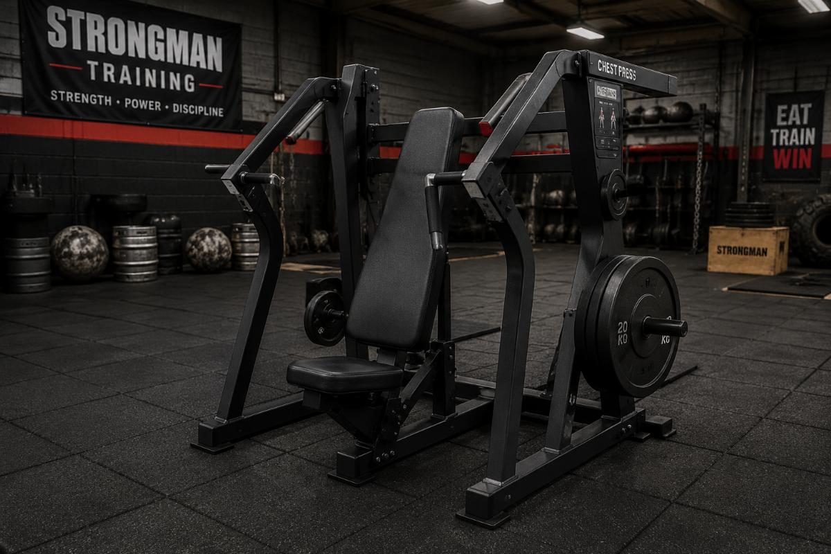 Chest press machine installed on reinforced rubber flooring in a strongman training facility