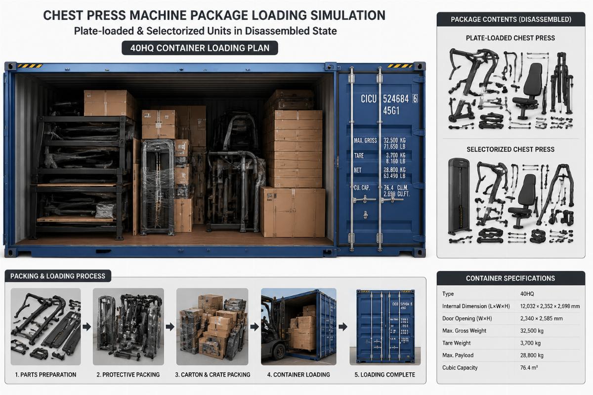 Chest press machine package loading simulation showing plate-loaded and selectorized units in拆卸状态 inside a 40HQ container
