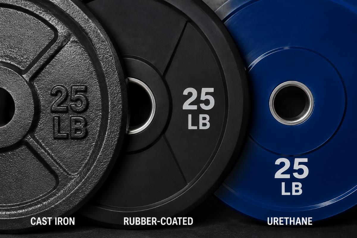 Close-up comparison of cast iron, rubber-coated, and urethane weight plates
