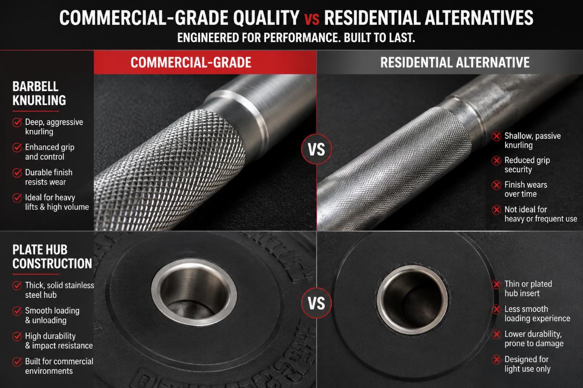 Close-up comparison of commercial-grade barbell knurling and plate hub construction versus residential alternatives