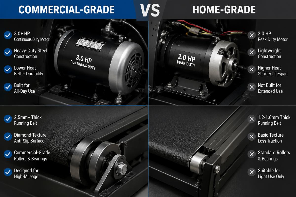 Close-up comparison of commercial-grade treadmill motor and belt assembly versus home-grade components