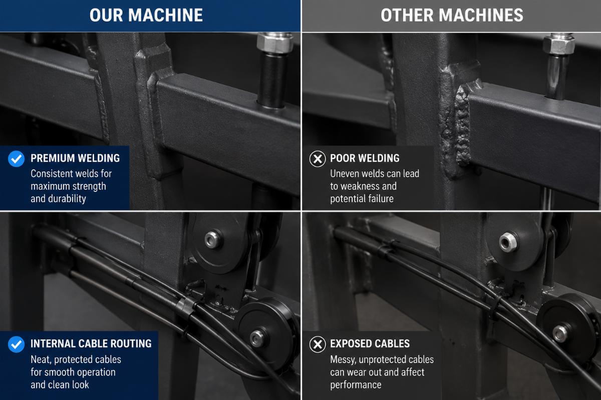 Close-up comparison of frame welding quality and cable routing on commercial selectorized strength machines
