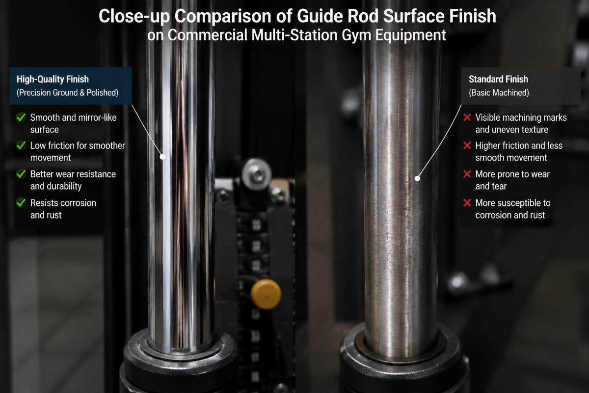 Close-up comparison of guide rod surface finish on commercial multi-station gym equipment