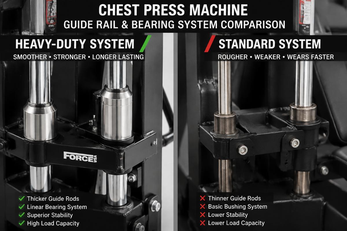 Close-up comparison of heavy-duty versus standard guide rail and bearing systems on a chest press machine