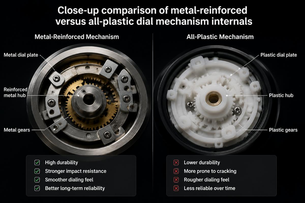 Close-up comparison of metal-reinforced versus all-plastic dial mechanism internals
