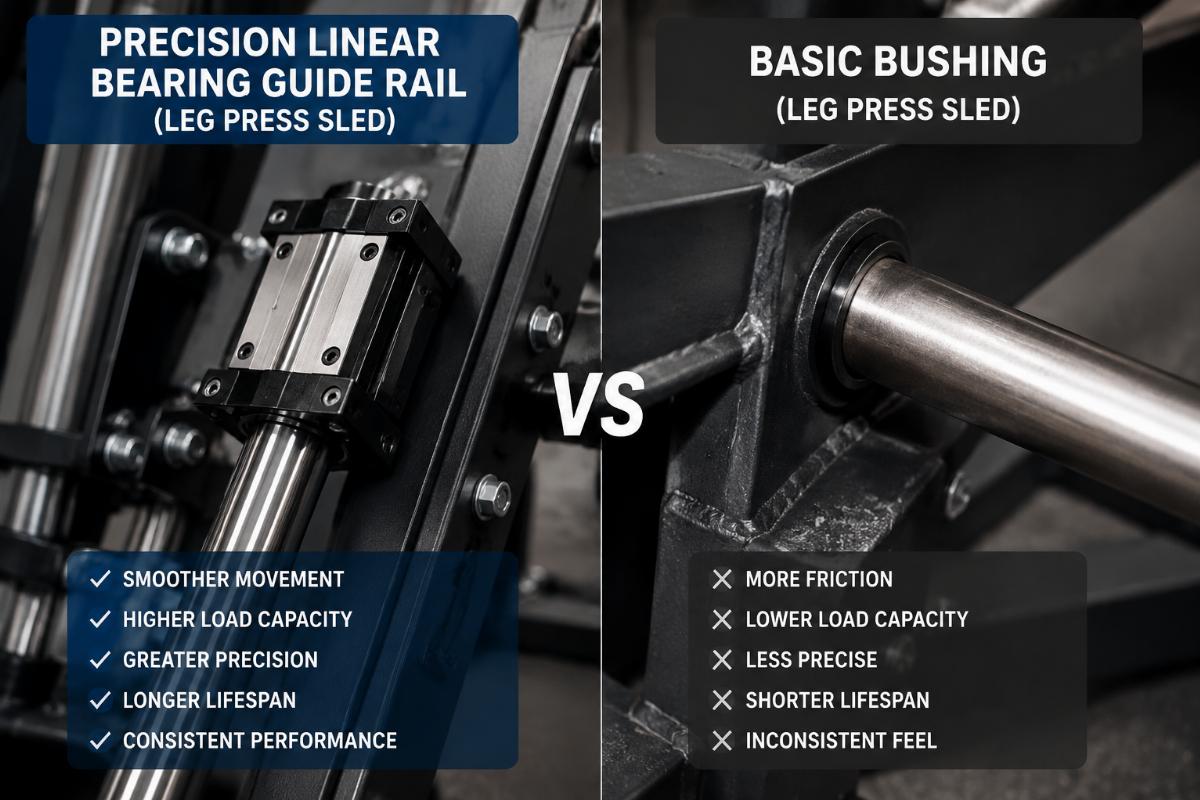 Close-up comparison of precision linear bearing guide rail versus basic bushing on leg press sled