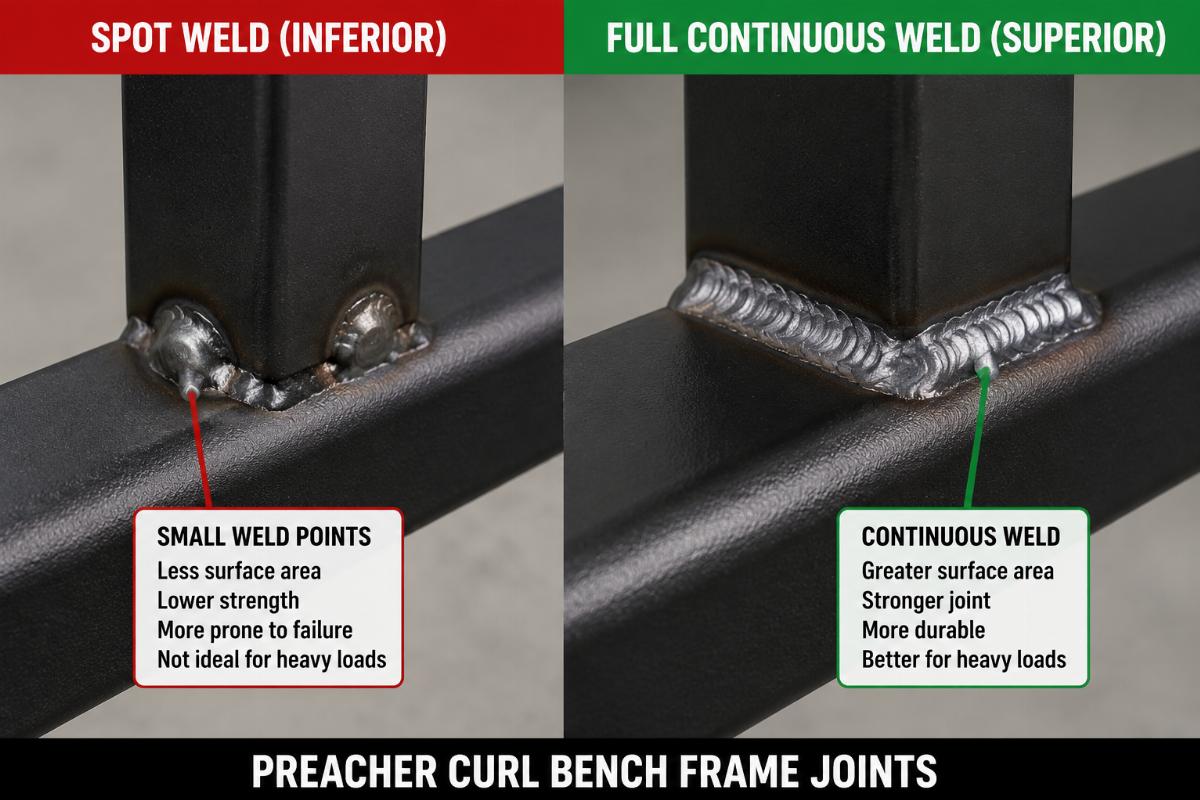 Close-up comparison of spot weld versus full continuous weld on preacher curl bench frame joints