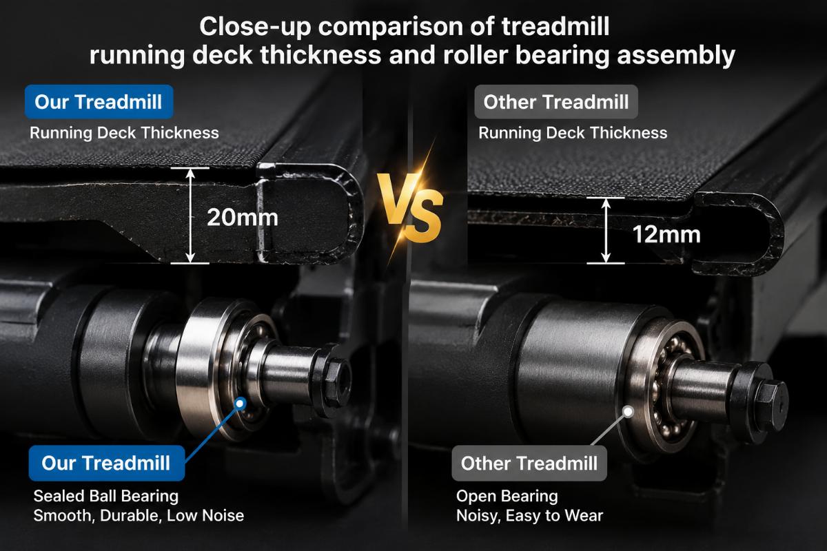 Close-up comparison of treadmill running deck thickness and roller bearing assembly