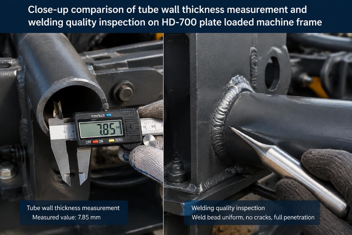 Close-up comparison of tube wall thickness measurement and welding quality inspection on HD-700 plate loaded machine frame
