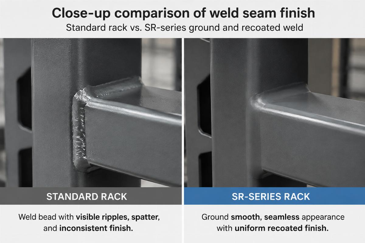 Close-up comparison of weld seam finish on standard rack versus SR-series ground and recoated weld