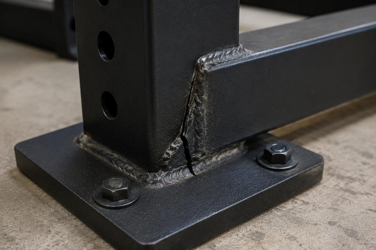 Close-up inspection of a cracked weld joint on a power rack base plate