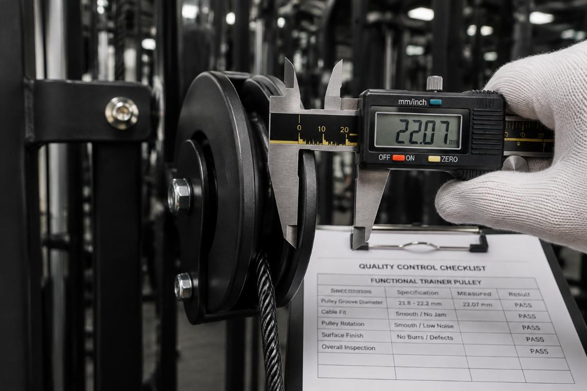 Close-up inspection of a functional trainer pulley groove with cable seated, highlighting groove diameter measurement during quality control