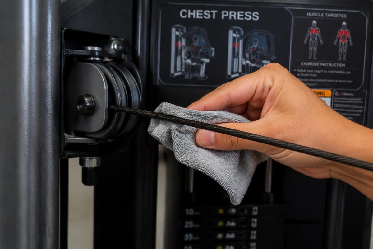 Close-up inspection of a selectorized chest press cable being wiped with a cloth for fraying check