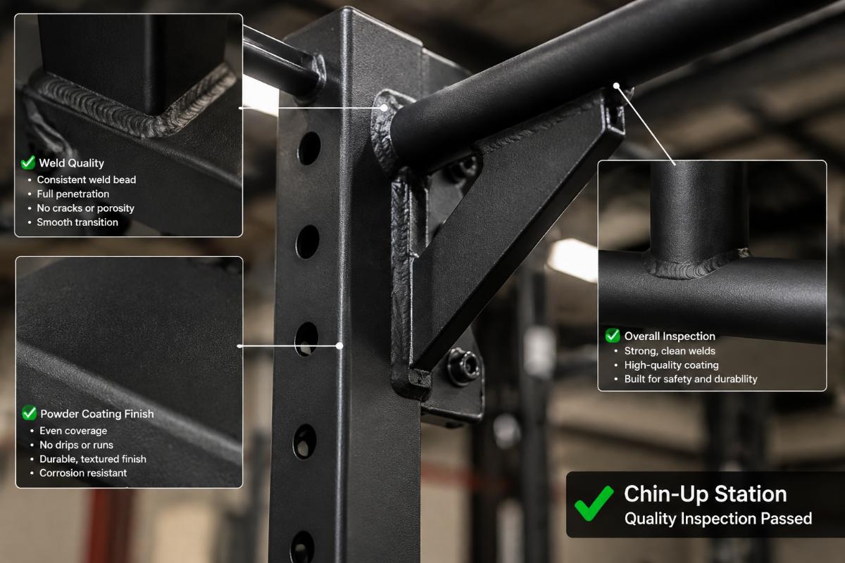 Close-up inspection of chin-up station welding quality and powder coating finish