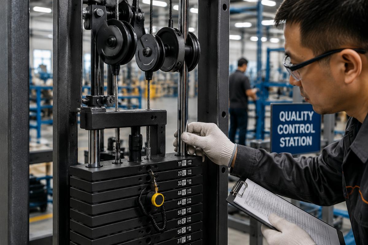 Close-up inspection of commercial strength equipment pulley system and weight stack guide rods at factory quality control station