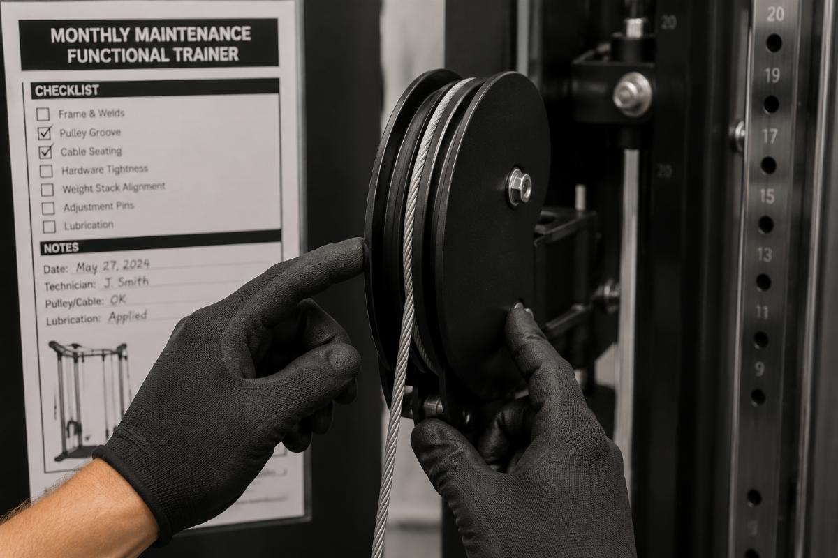 Close-up inspection of functional trainer pulley groove and cable seating during monthly maintenance