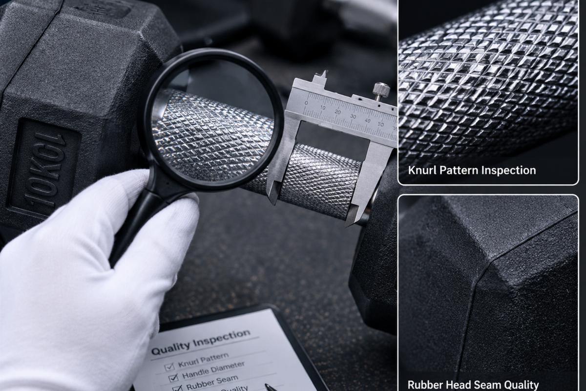 Close-up inspection of hex dumbbell knurl pattern and rubber head seam quality using measurement tools