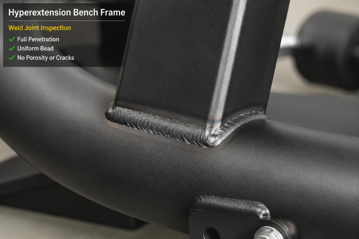 Close-up inspection of hyperextension bench frame weld joint showing penetration quality