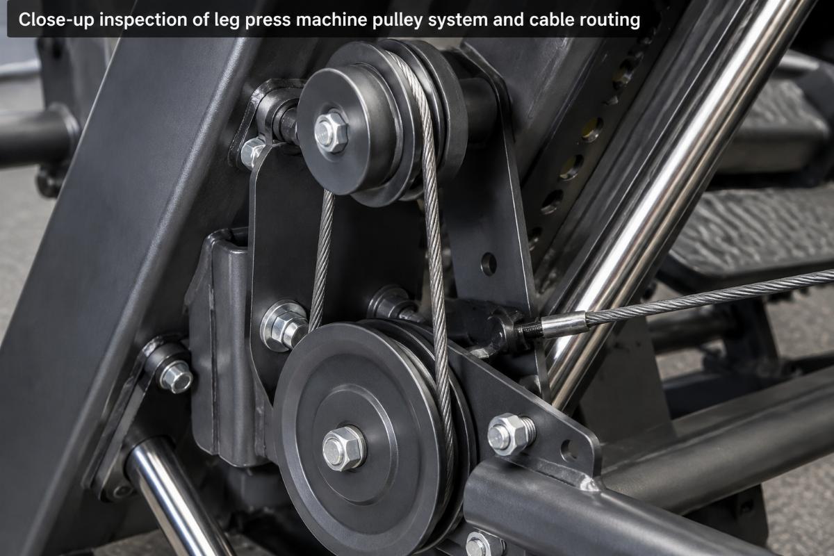Close-up inspection of leg press machine pulley system and cable routing