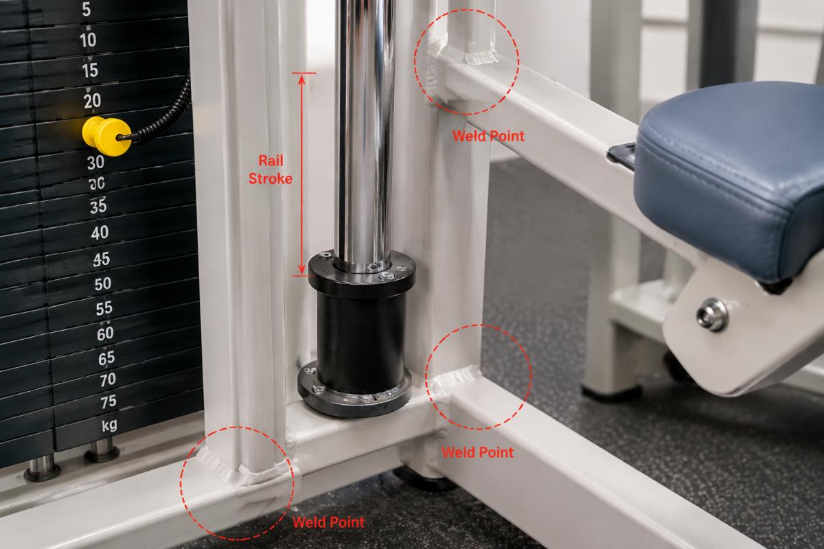 Close-up inspection of rail stroke and weld points on a selectorized strength machine for rehab use