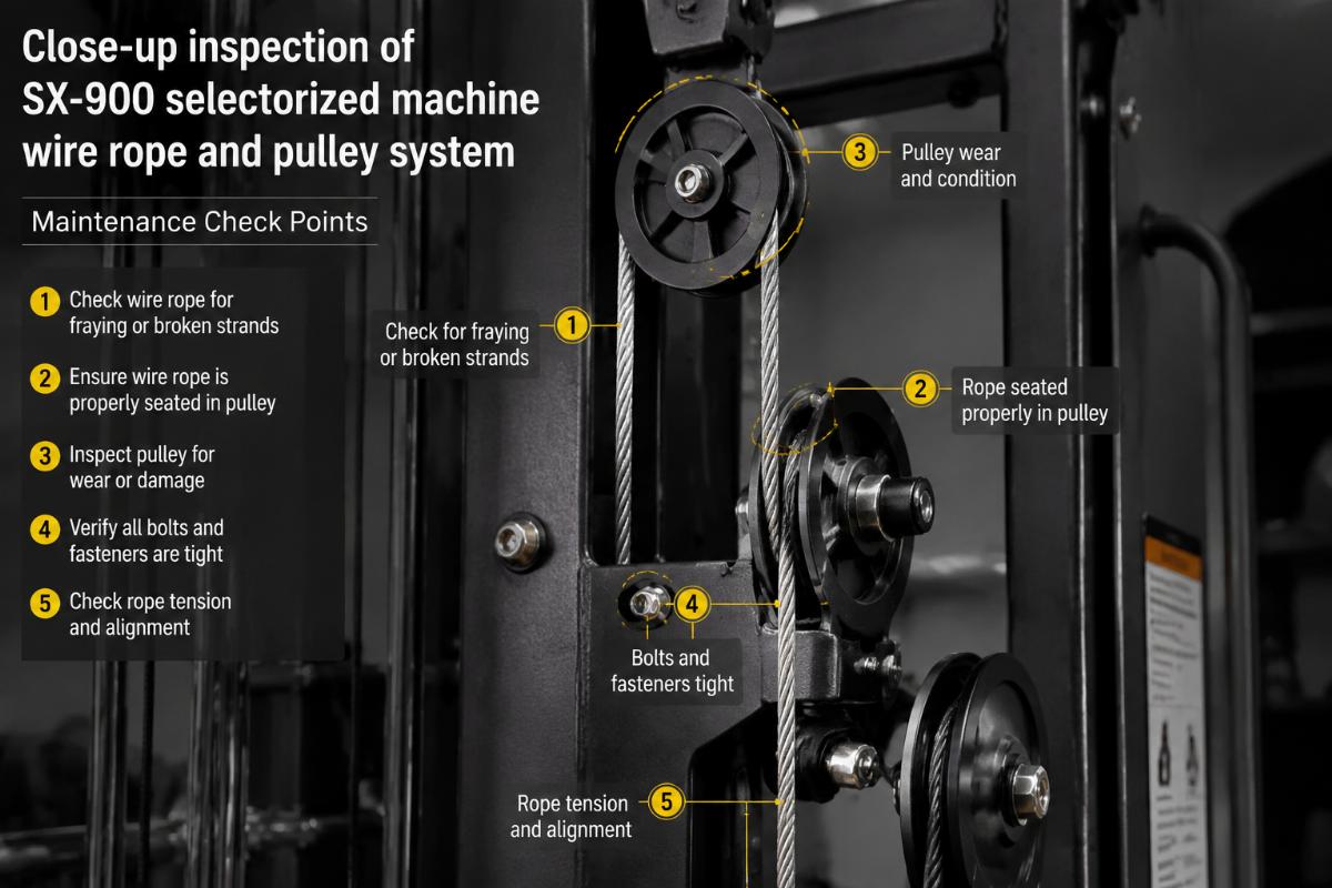 Close-up inspection of SX-900 selectorized machine wire rope and pulley system showing maintenance check points