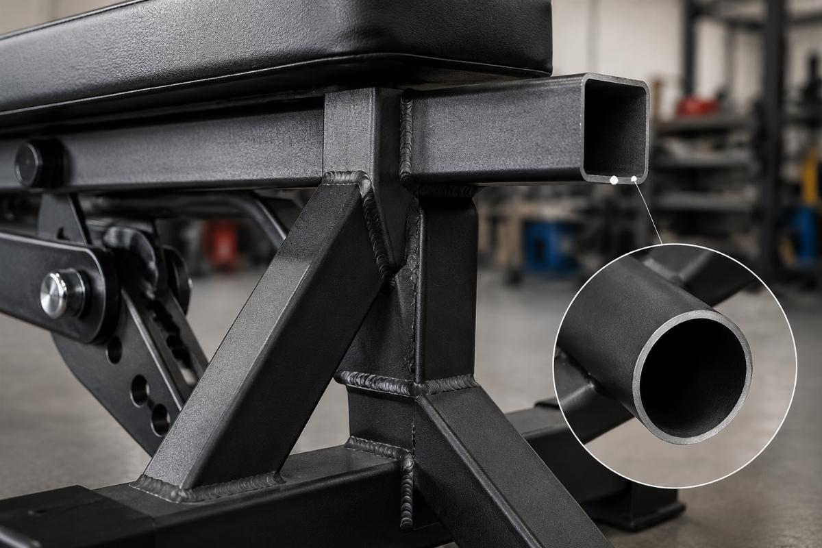 Close-up inspection of weld joints and tube cross-section on a commercial bench
