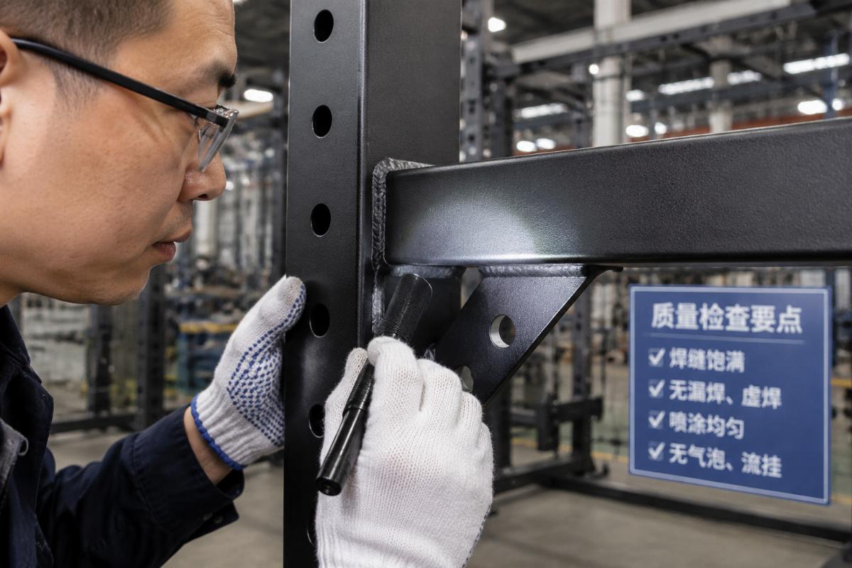 Close-up inspection of weld seams and powder coating on a commercial power rack at a Chinese fitness equipment factory