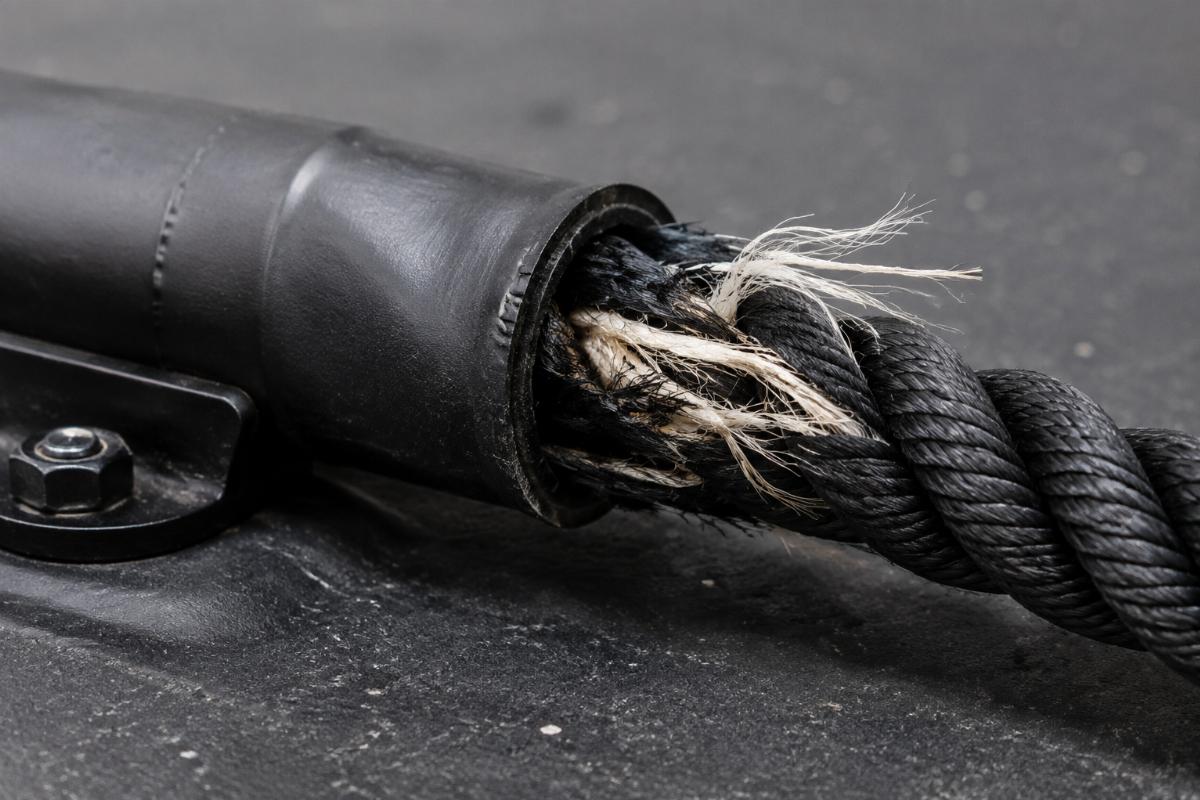 Close-up of a failed battle rope anchor showing strand pull-out from heat-shrink only sealing