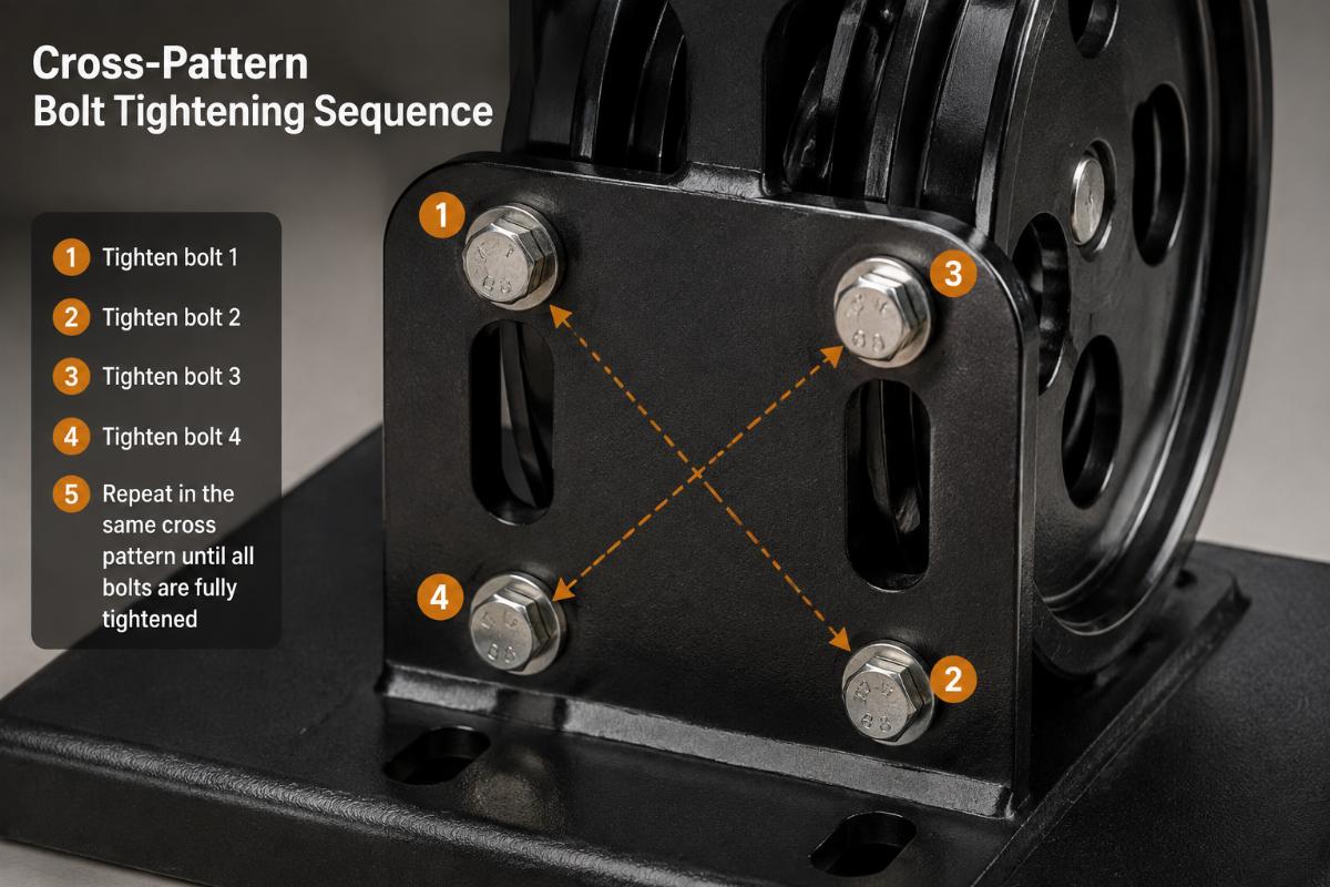 Close-up of a pulley bracket showing cross-pattern bolt tightening sequence