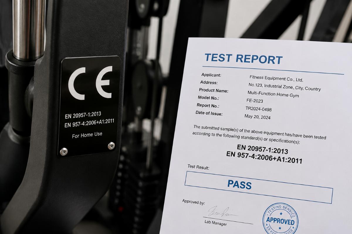 Close-up of CE certification mark and test report document on gym equipment
