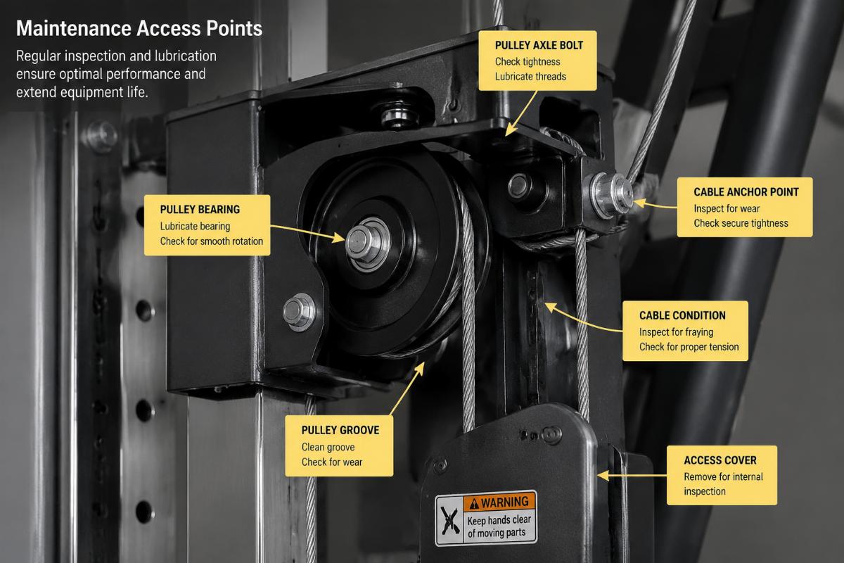 Close-up of commercial strength machine pulley and cable system showing maintenance access points