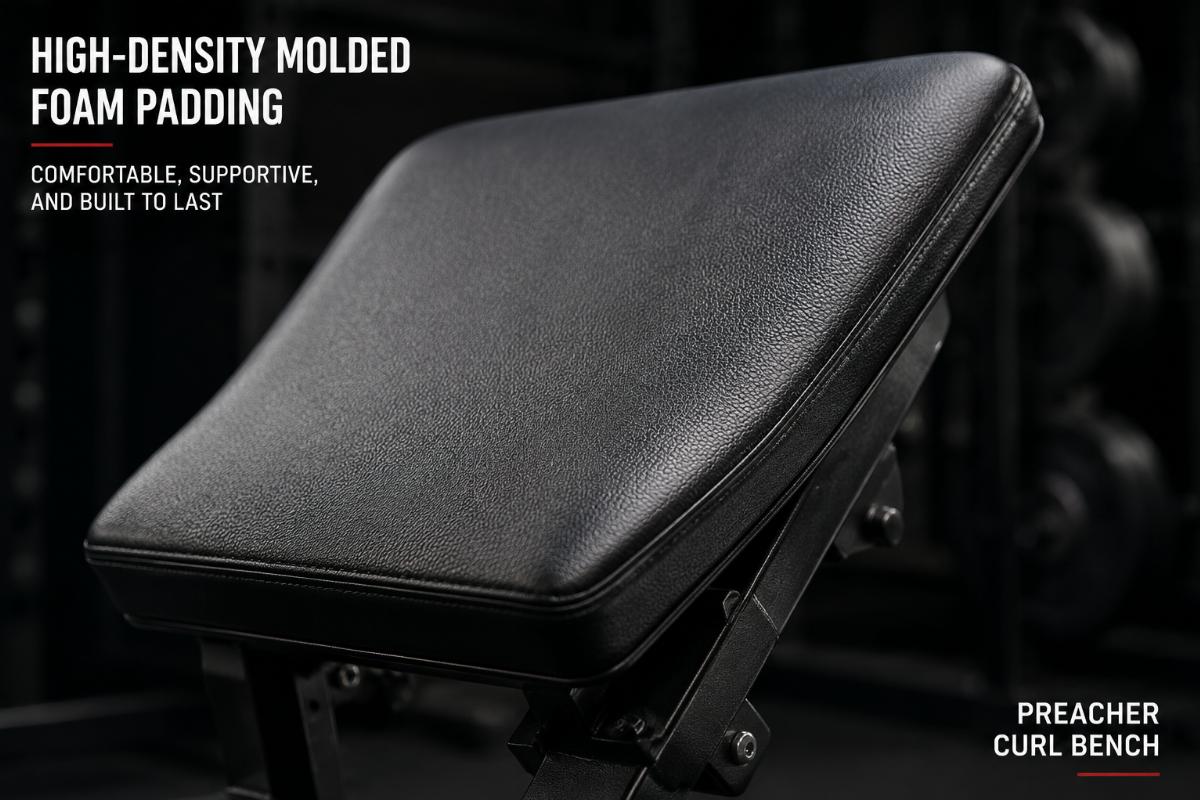 Close-up of high-density molded foam padding on a heavy-duty preacher curl bench
