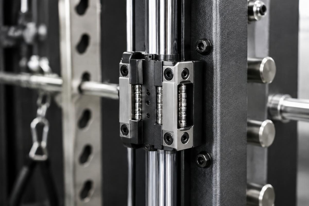 Close-up of industrial-grade linear bearing assembly on Smith machine guide rail
