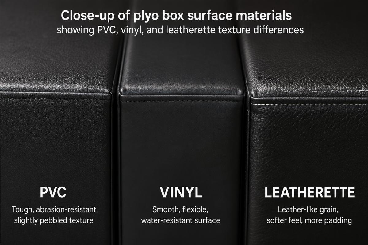 Close-up of plyo box surface materials showing PVC, vinyl, and leatherette texture differences