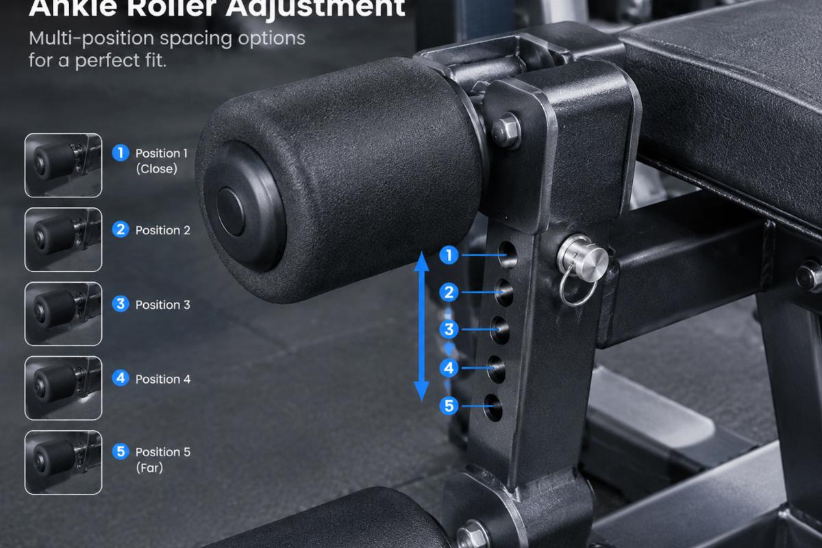 Close-up of prone leg curl ankle roller adjustment mechanism showing multi-position spacing options