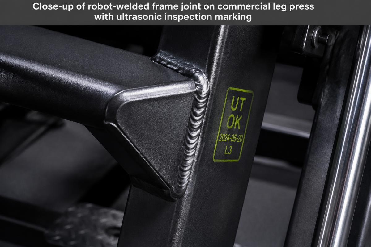 Close-up of robot-welded frame joint on commercial leg press with ultrasonic inspection marking